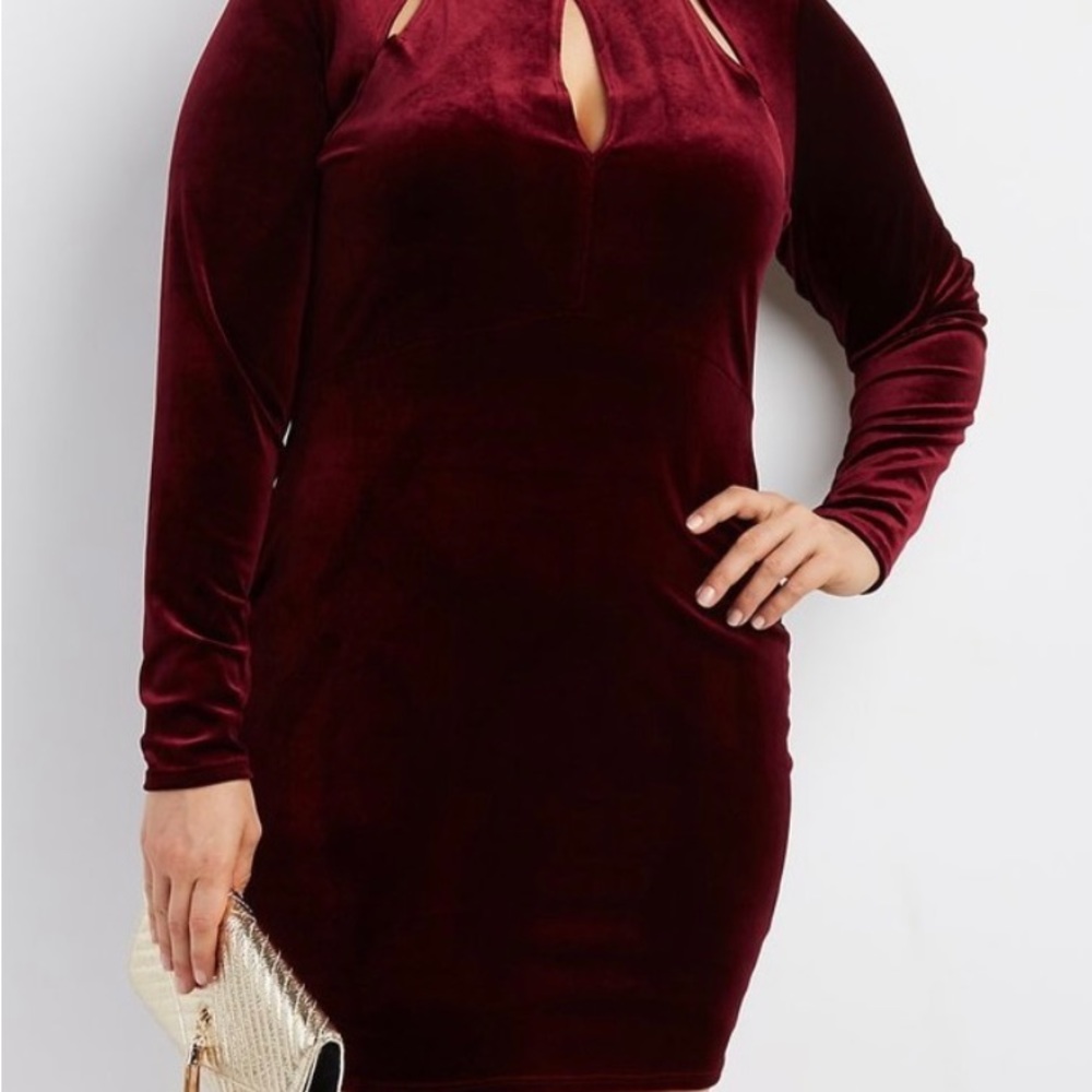 Charlotte Russe + Size Mock Neck Long Sleeve Burgundy Velvet Dress w/Cut Outs